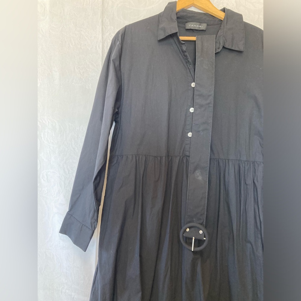 Tahari Black Eyelet Cotton Collard Classic Dress Size Medium with belt Cocktail - Picture 2 of 8
